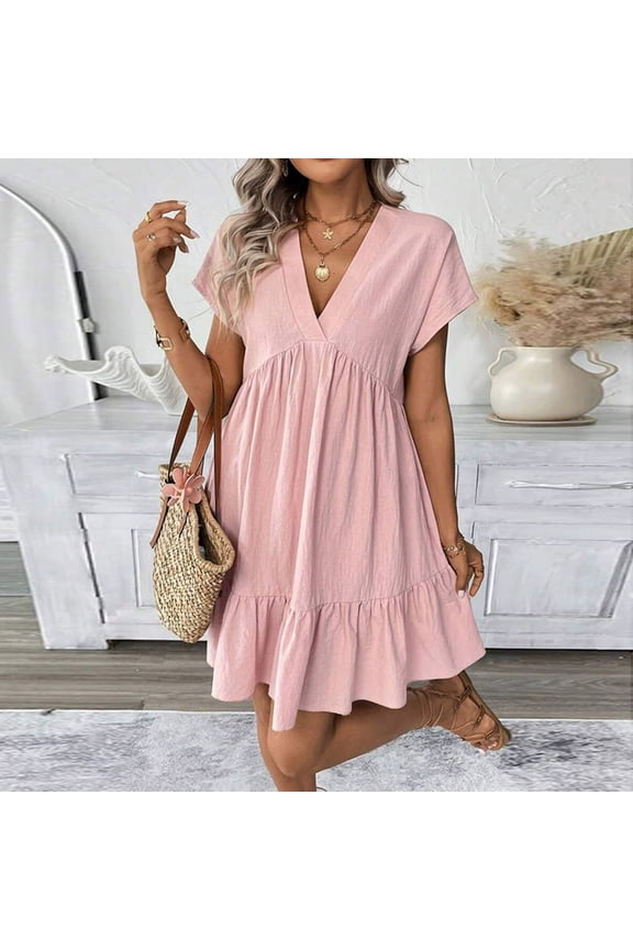 Sun Dresses for Women Fashion Women Summer Solid Casual V-Neck Short Sleeve Mini Dress Vacation Sundress Pink_S