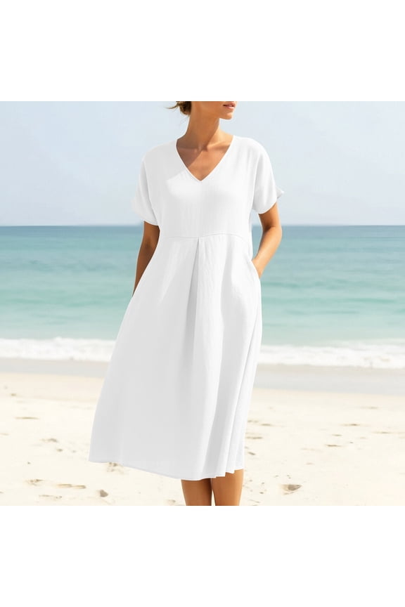 Sun Dresses for Women Women's V-Neck Solid-Color Casual Long-Sleeved Pocket Short Dress Vacation Sundress White_2XL