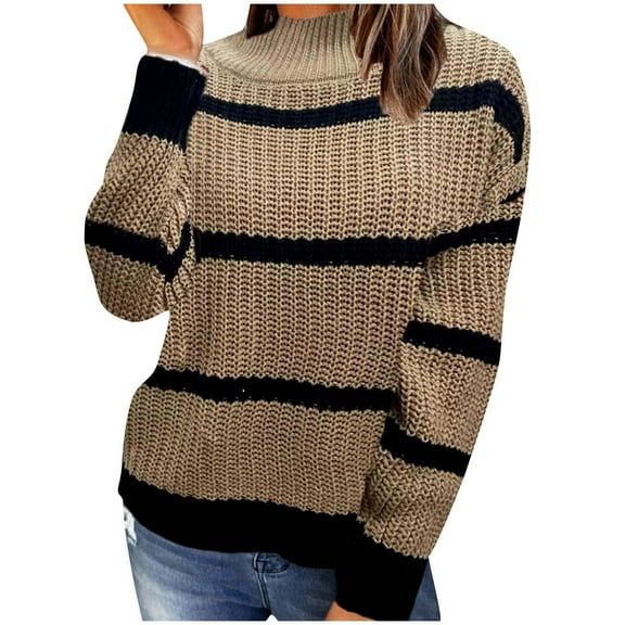 Vibrex Sweaters for Women Fall Fashion Rounk Neck Long Sleeve Casual Pullover Sweater Women’s Casual Crewneck Pullover Sweatshirt Loose Soft Sweaters Winter Warm Stripe Color Blocking Sweaters
