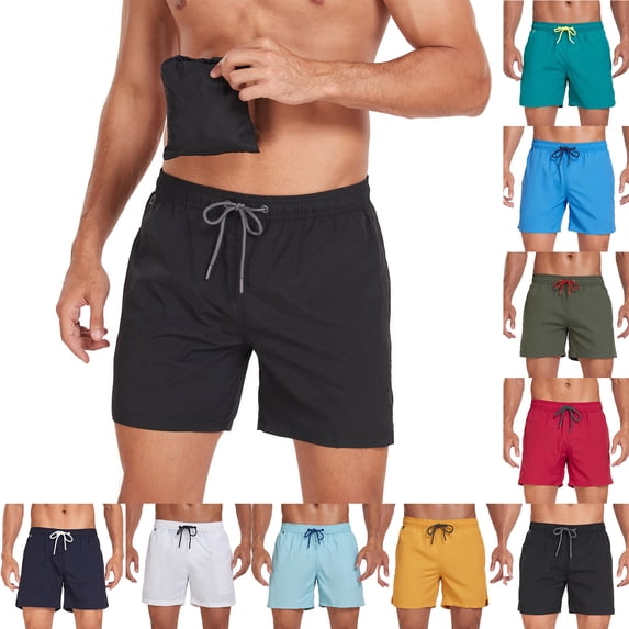 Vibrex Men's Shorts, Men's Pocket Solid Color Elastic Waistband Drawstring Swimming Trunks Beach Pants Shorts,Lounge Shorts Men Elastic Waist Black_S