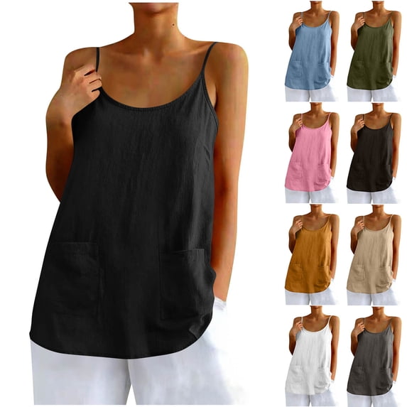 Vibrex Tank Tops,Women's Casual Solid Color Pocket Round Neck Sleeveless Versatile Shirt Summer Soft Camisole Top,Sleeveless Shirts,Black_S