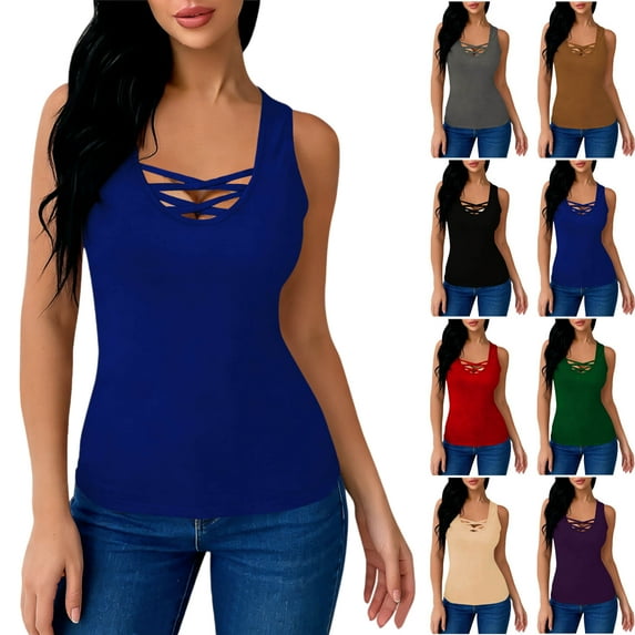 Vibrex Tanks for Women,Women Solid Color Round Neck No Sleeves Hanger Camisole Tank,Sleeveless Shirts,Blue_XL