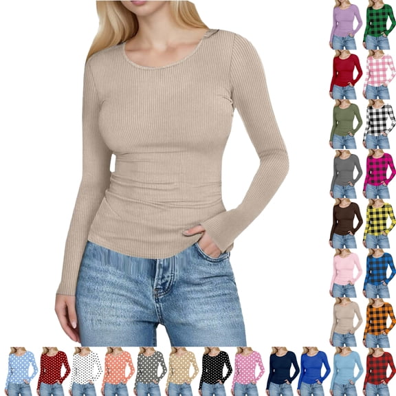 Vibrex Tunic Sweaters for Women Long Sleeve Women Casual Solid Color Round Neck Long Sleeved Slim Tight Fitting Pit Stripe Top Fashion Stretchable Travel Clothes Fitting Thermal Undershirt Trendy