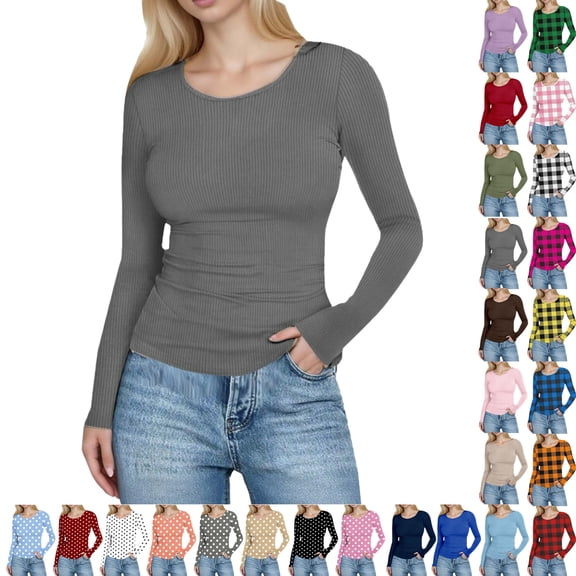 Vibrex Tunic Sweaters for Women Long Sleeve Women Casual Solid Color Round Neck Long Sleeved Slim Tight Fitting Pit Stripe Top Fashion Stretchable Travel Clothes Fitting Thermal Undershirt Trendy