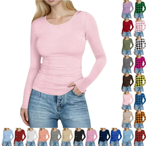 Vibrex Tunic Sweaters for Women Long Sleeve Women Casual Solid Color Round Neck Long Sleeved Slim Tight Fitting Pit Stripe Top Fashion Stretchable Travel Clothes Fitting Thermal Undershirt Trendy