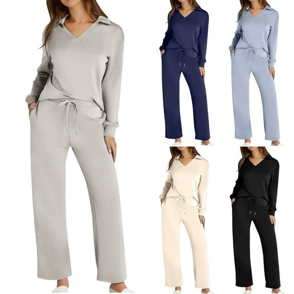 Vibrex Two Piece Sets for Women Lapel Long Sleeve V Neck Lounge Set Fall Outfits Fall Clothes Jogger Solid Color Lightweight Hoodless for Women & Drawstring and Straight Leg Loose Pants Set