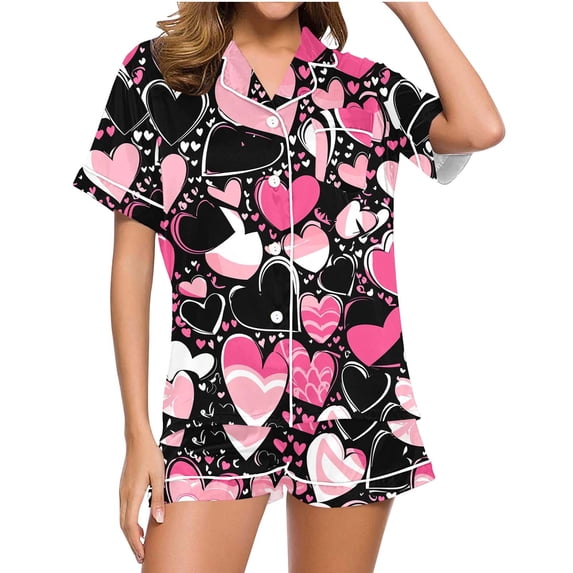 Vibrex Valentine's Day Summer 2 Pack Womens Pajamas Set Button Down Print Sleepwear Short Sleeve Comfy Pjs Loungewear Set Home Wear Pajama Set