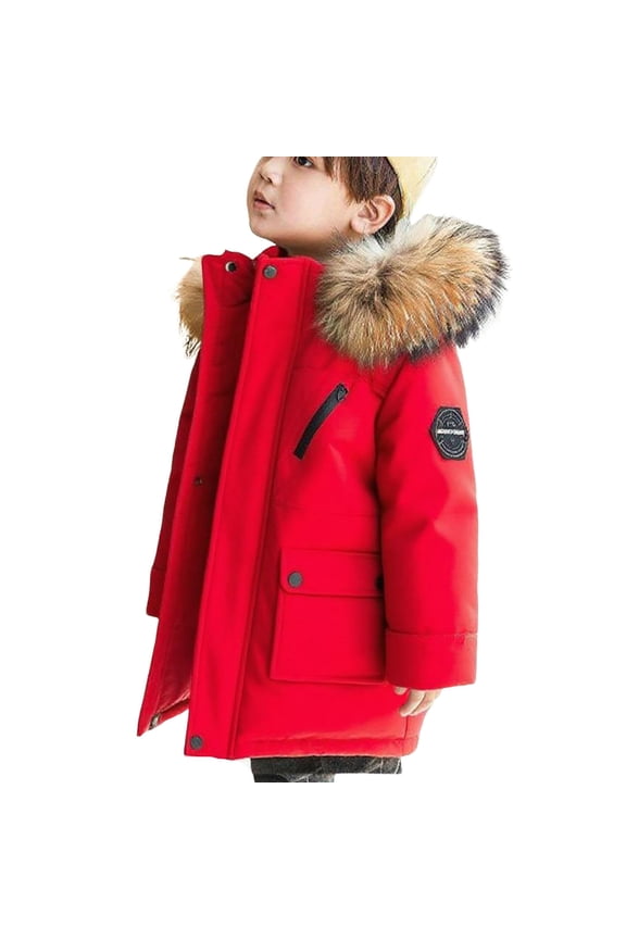Warm Jackets for Kid Solid Color Hooded Zipper Thickened Mid Length Jacket Casual Travel Jacket Boy's Winter Coat Fleece Lined Parka Jackets Kids Hooded Puffer Outerwear 5-16 Years