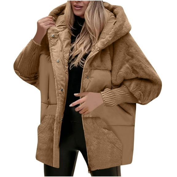 Vibrex Warm Winter Jackets Women Solid Color Loose Splicing Down Jacket Long Sleeved Hooded Jacket with Pocket Trendy Lightweight Casual Jacket for Women Puffer Coats Hooded Zip Up Thickened Jackets