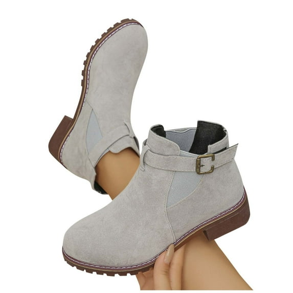 Vibrex Wide Ankle Boots for Women Fashionable and Casual Versatile Cool Solid Color Square Heel Boots with Belt Buckle Fall And Winter Fashion Soft Comfortable Low Heel Thick Heel Short Boots