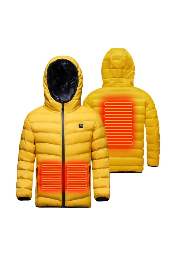 Winter Charging Smart Thermostatic Jacket Medium And Large Children's Cotton Coat Heated Jacket Long-Sleeved Hooded Top For Travel, Holidays,Winter Outdoor Activities_Yellow_10 Years