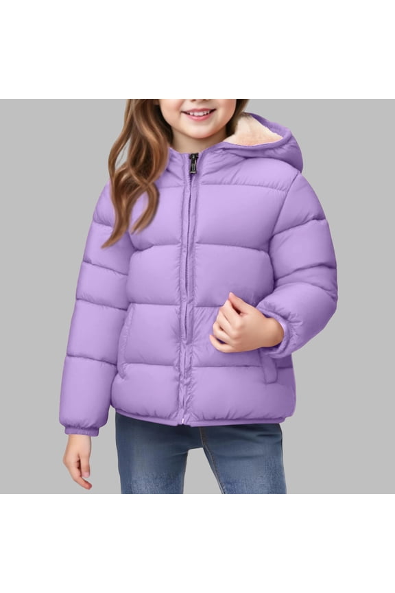 Winter Solid Color Velvet-Lined Cotton-Padded Jacket For Boys And Girls Windproof Quilted Warm Jacket Long-Sleeved Hooded Top For Travel, Holidays,Winter Outdoor Activities_Purple_3 Years