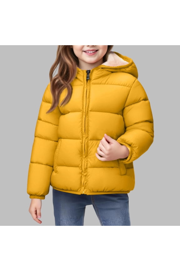 Winter Solid Color Velvet-Lined Cotton-Padded Jacket For Boys And Girls Windproof Quilted Warm Jacket Long-Sleeved Hooded Top For Travel, Holidays,Winter Outdoor Activities_Yellow_5 Years