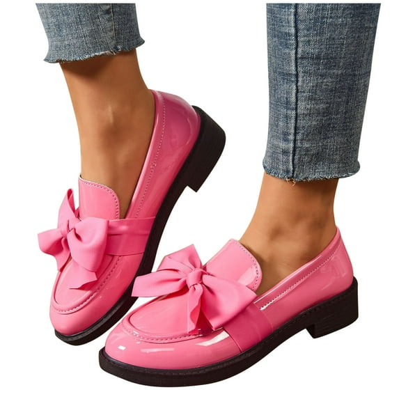 Vibrex Women Casual Shoes Women's Fashion Solid Color Style Leather Shoes Solid Color Bow Thick Heel Low Heel Loafers Women's Chunky Loafers Comfortable Slip-On Dressy Business Casual Shoes