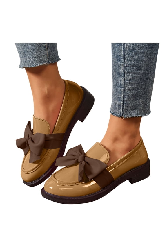 Women Casual Shoes Women's Fashion Solid Color Style Leather Shoes Solid Color Bow Thick Heel Low Heel Loafers Women's Chunky Loafers Comfortable Slip-On Dressy Business Casual Shoes
