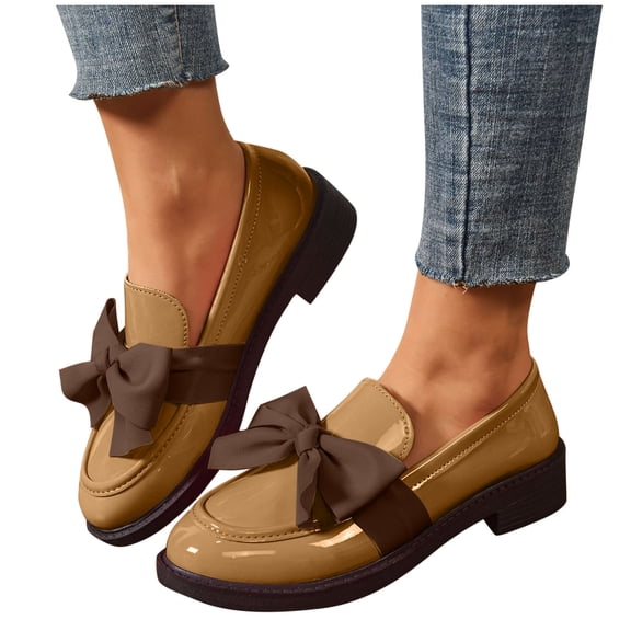 Vibrex Women Casual Shoes Women's Fashion Solid Color Style Leather Shoes Solid Color Bow Thick Heel Low Heel Loafers Women's Chunky Loafers Comfortable Slip-On Dressy Business Casual Shoes