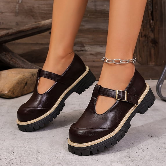 Vibrex Women Casual Shoes Women's Mary Jane Platform Loafers T-Strap Buckle Faux Leather Cushioned Fall Shoes Women's Shoes,Size:7.5