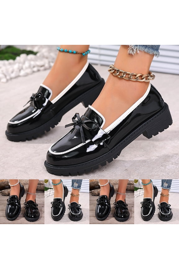Women Casual Shoes Women's Patent Leather Loafers Bow White Piping Platform Cushioned Fall Winter Shoes Women's Shoes,Size:9