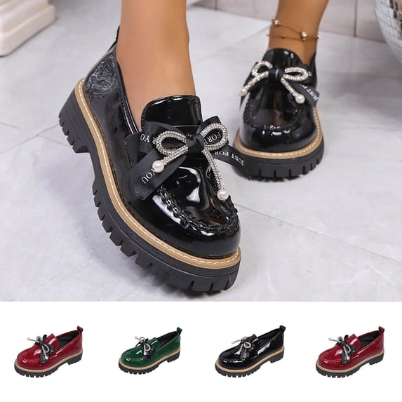 Vibrex Women Casual Shoes Women's Pointed Toe Loafers Bow Rhinestone Platform Sole Patent Leather Spring Shoes Women's Shoes,Size:6.5
