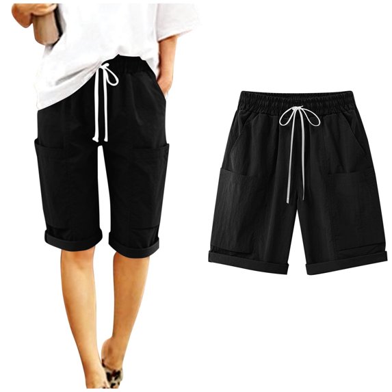 Vibrex Women Casual Shorts Comfy Bermuda Shorts Drawstring Elastic Waist Short Casual Solid Color 5 Shorts Summer Knee Length Beach Shorts with Pockets,Black_M