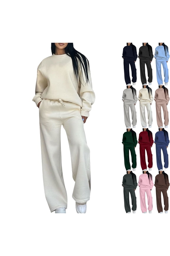 Women Fall Two Piece Lounge Outfit Long Sleeve Tops High Waisted Jogger Pants Set Travel Clothes Tracksuit Solid Color Athleisure Sweatshirts & Drawstring and Straight Leg Pants with Pocket