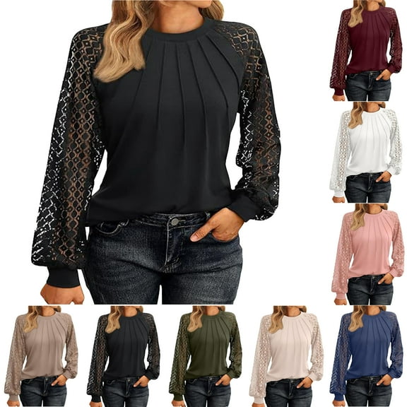 Vibrex Women Long Sleeve Shirts Fall Lace Tops Fashion Round Neck Sweaters Dressy Casual Winter Tunic Blouse Trendy Women's Solid Color Long Sleeved Lace Patchwork Casual Fall Top Round Neck Top