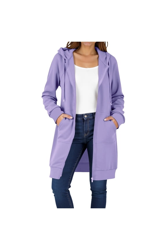 Women Plus Size Solid Color Zip Up Hoodies Long Sleeve Tunic Sweatshirt Long Hoodie Jacket with Pockets Drawstring Hood Long Winter W arm Coats for Women Soft Hoodies Athletic Jacket