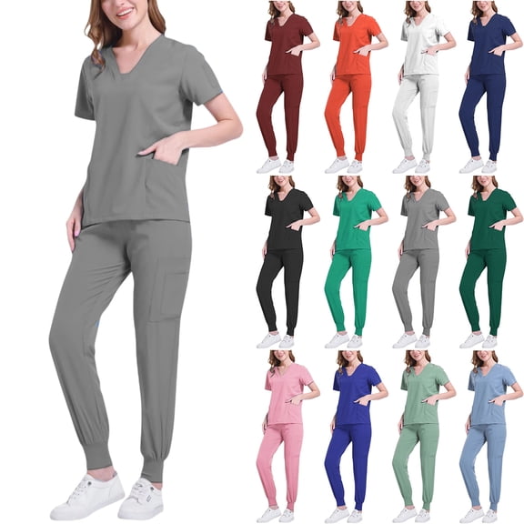 Vibrex Women Scrub Set Stretch Solid Color LooseAnkle Cuff Pants Pocket Caregiver Short Sleeve V-Neck Blouses Nursing Uniform Set Nurse Workwear with 10 Pockets, Unwrinkled Scrubs for Women