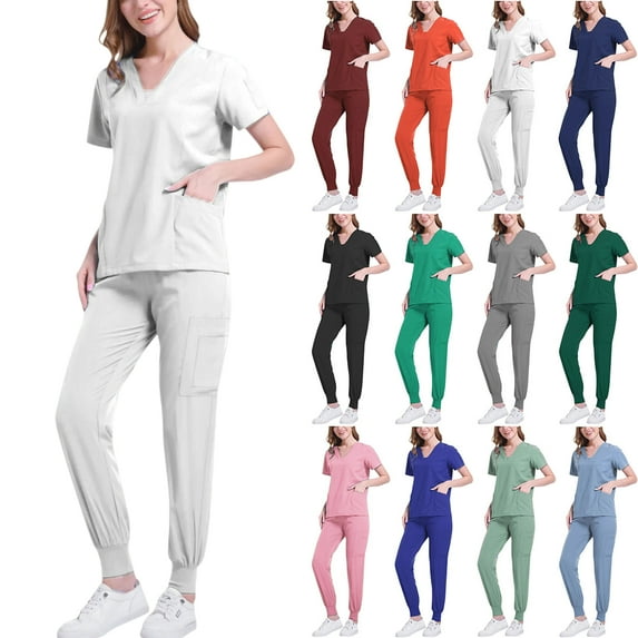 Vibrex Women Scrub Set Stretch Solid Color LooseAnkle Cuff Pants Pocket Caregiver Short Sleeve V-Neck Blouses Nursing Uniform Set Nurse Workwear with 10 Pockets, Unwrinkled Scrubs for Women
