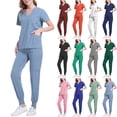 thumbnail image 1 of Vibrex Women Scrub Set Stretch Solid Color LooseAnkle Cuff Pants Pocket Caregiver Short Sleeve V-Neck Blouses Nursing Uniform Set Nurse Workwear with 10 Pockets, Unwrinkled Scrubs for Women, 1 of 7