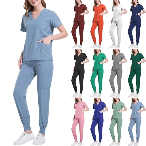 Vibrex Women Scrub Set Stretch Solid Color LooseAnkle Cuff Pants Pocket Caregiver Short Sleeve V-Neck Blouses Nursing Uniform Set Nurse Workwear with 10 Pockets, Unwrinkled Scrubs for Women