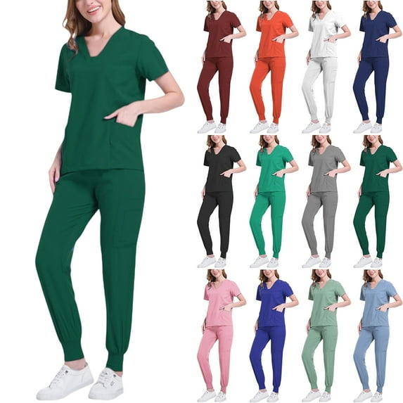 Vibrex Women Scrub Set Stretch Solid Color LooseAnkle Cuff Pants Pocket Caregiver Short Sleeve V-Neck Blouses Nursing Uniform Set Nurse Workwear with 10 Pockets, Unwrinkled Scrubs for Women
