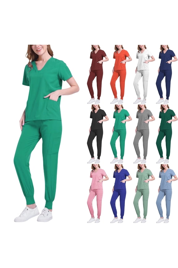 Women Scrub Set Stretch Solid Color LooseAnkle Cuff Pants Pocket Caregiver Short Sleeve V-Neck Blouses Nursing Uniform Set Nurse Workwear with 10 Pockets, Unwrinkled Scrubs for Women