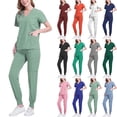 thumbnail image 1 of Vibrex Women Scrub Set Stretch Solid Color LooseAnkle Cuff Pants Pocket Caregiver Short Sleeve V-Neck Blouses Nursing Uniform Set Nurse Workwear with 10 Pockets, Unwrinkled Scrubs for Women, 1 of 7