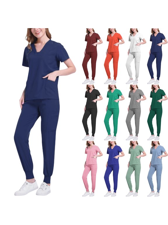 Women Scrub Set Stretch Solid Color LooseAnkle Cuff Pants Pocket Caregiver Short Sleeve V-Neck Blouses Nursing Uniform Set Nurse Workwear with 10 Pockets, Unwrinkled Scrubs for Women