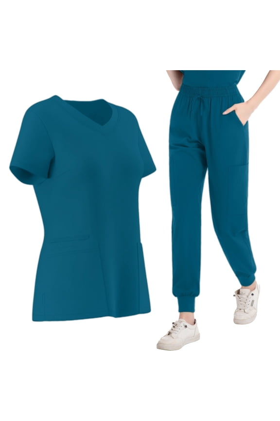 Women Scrub Set Women's V-Neck Top With Drawstring Pocket Pants And Casual Two-Piece Set For Care Workers Unwrinkled Scrubs for Women