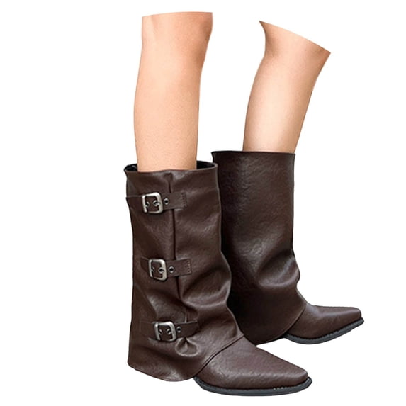 Vibrex Women Slouchy Mid Calf Boots Casual Pointed Toe Pull On Boots Fold Over Metal Buckle Comfortable Boots Low Heeled Fall Winter Fashion Boots