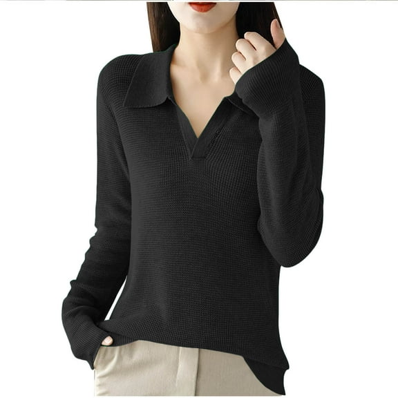 Vibrex Women Sweaters Fashion Casual Lapel Solid Color Sweater Womens Fall Winter Warm Knit Oversized Sweater Lightweight Pullover Loose Outfits Knitted Comfortable Sweater for Women Cozy Sweater