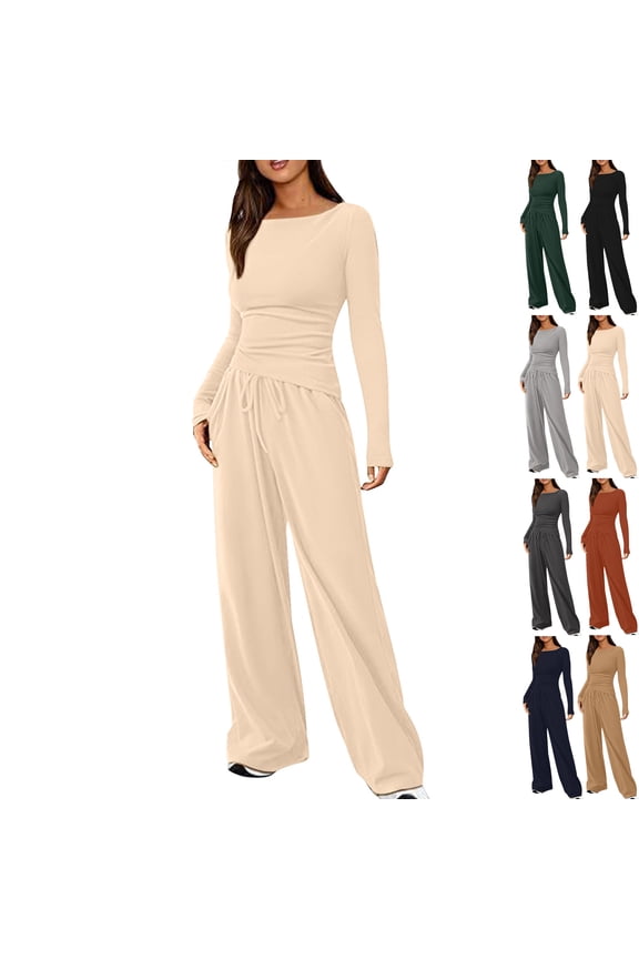 Women's 2 Piece Matching Lounge Set Long Sleeve Slim and Elastic Top Wide Leg Pants Casual Sweatsuit Fall Outfits Long Sleeve Wide Leg Drawstring Tracksuits Casual Lounge Set Matching Sets