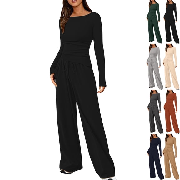 Vibrex Women's 2 Piece Matching Lounge Set Long Sleeve Slim and Elastic Top Wide Leg Pants Casual Sweatsuit Fall Outfits Long Sleeve Wide Leg Drawstring Tracksuits Casual Lounge Set Matching Sets