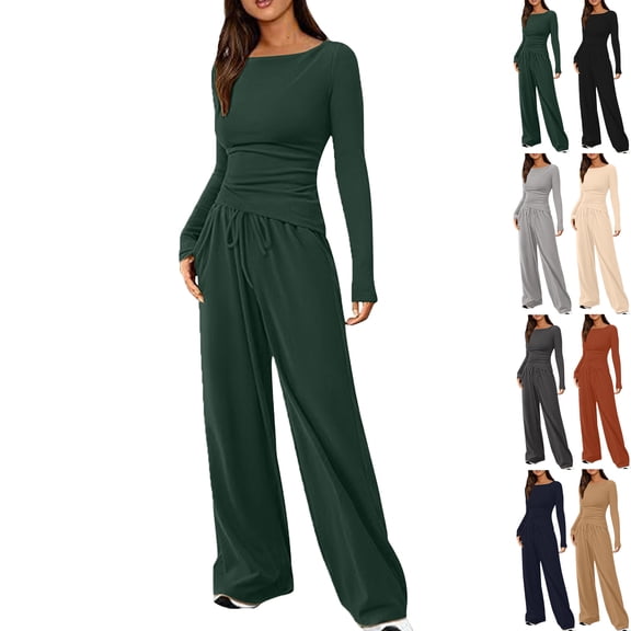Vibrex Women's 2 Piece Matching Lounge Set Long Sleeve Slim and Elastic Top Wide Leg Pants Casual Sweatsuit Fall Outfits Long Sleeve Wide Leg Drawstring Tracksuits Casual Lounge Set Matching Sets