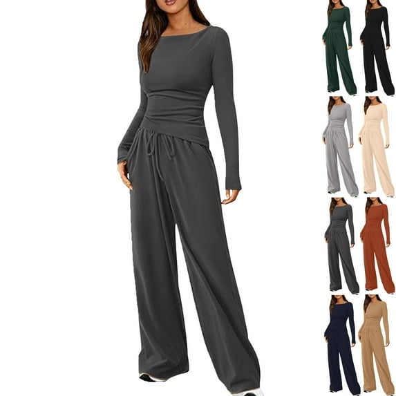 Vibrex Women's 2 Piece Matching Lounge Set Long Sleeve Slim and Elastic Top Wide Leg Pants Casual Sweatsuit Fall Outfits Long Sleeve Wide Leg Drawstring Tracksuits Casual Lounge Set Matching Sets