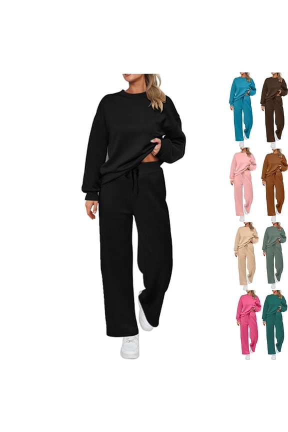 Women’s 2-Piece Oversized Sweatshirt and Jogger Sweatpants Tracksuit Set - Cozy Fall/Winter Casual Outfit Solid Color Crewneck Sweatshirt & Drawstring and Straight Leg Lounge Pants Set Outfit