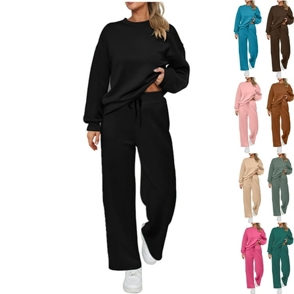 Vibrex Women’s 2-Piece Oversized Sweatshirt and Jogger Sweatpants Tracksuit Set - Cozy Fall/Winter Casual Outfit Solid Color Crewneck Sweatshirt & Drawstring and Straight Leg Lounge Pants Set Outfit