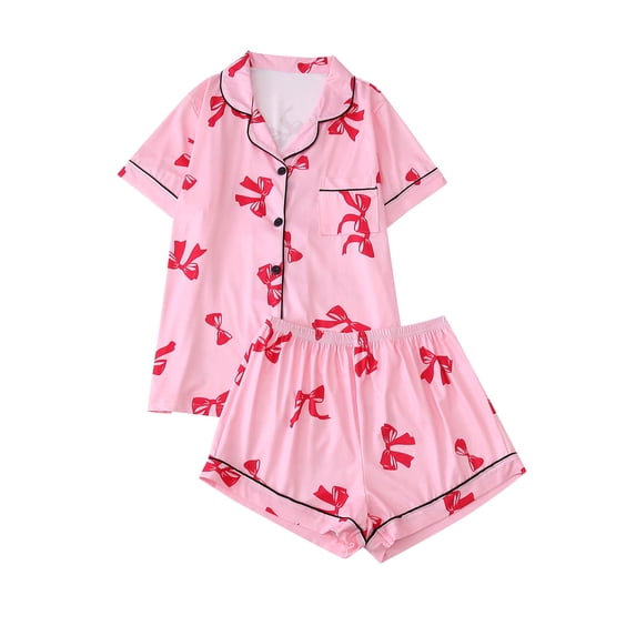 Vibrex Women's 2 Piece Pajama Set Summer Cute Print Pjs Set Lounge Button Shirt with Shorts Casual Lapel Short Sleeved Top Short Home Wear Pajama Set