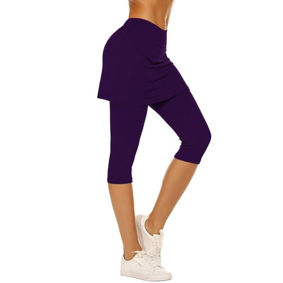 Vibrex Women's 2-in-1 Capri Skort Leggings, High Waist Cross Elastic Waistband Yoga Pants with Skirt, Breathable Summer Athletic Workout Casual Bottoms,02-Purple_M