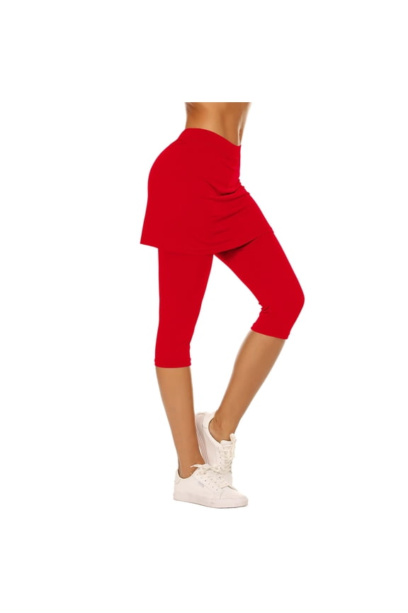 Women's 2-in-1 Capri Skort Leggings, High Waist Cross Elastic Waistband Yoga Pants with Skirt, Breathable Summer Athletic Workout Casual Bottoms,03-Red_L