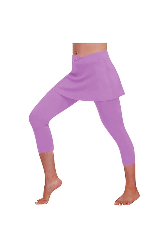 Women's 2-in-1 Capri Skort Leggings, High Waist Cross Elastic Waistband Yoga Pants with Skirt, Breathable Summer Athletic Workout Casual Bottoms,Purple_M
