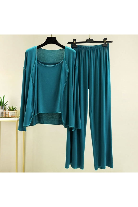Women's 3-Piece Modal Loungewear Set – Soft Solid Color Loose Long Sleeve Top & Pants Sleepwear for Lounge & Sleep