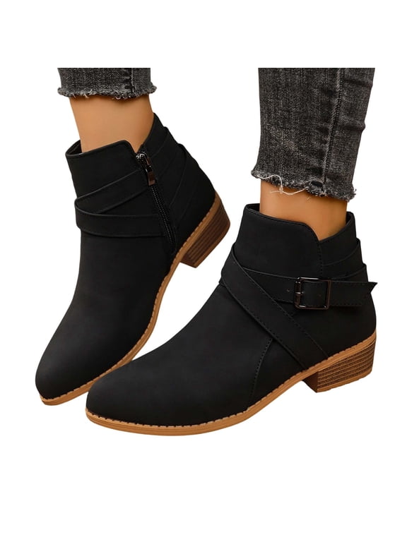 Women's Buckle Strap Chunky Heel Ankle Boots with Side Zipper Comfortable Pointed Toe Low Heel Booties for Daily Casual Work Short Boots